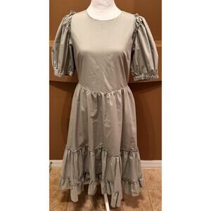 English Factory Sage Square Neck Puff Sleeve Ruffled Midi Dress Sz M
